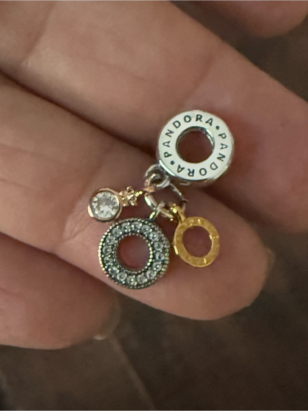 Pandora Two-Tone Circle Dangle Charm in Silver and Gold with Clear Stone